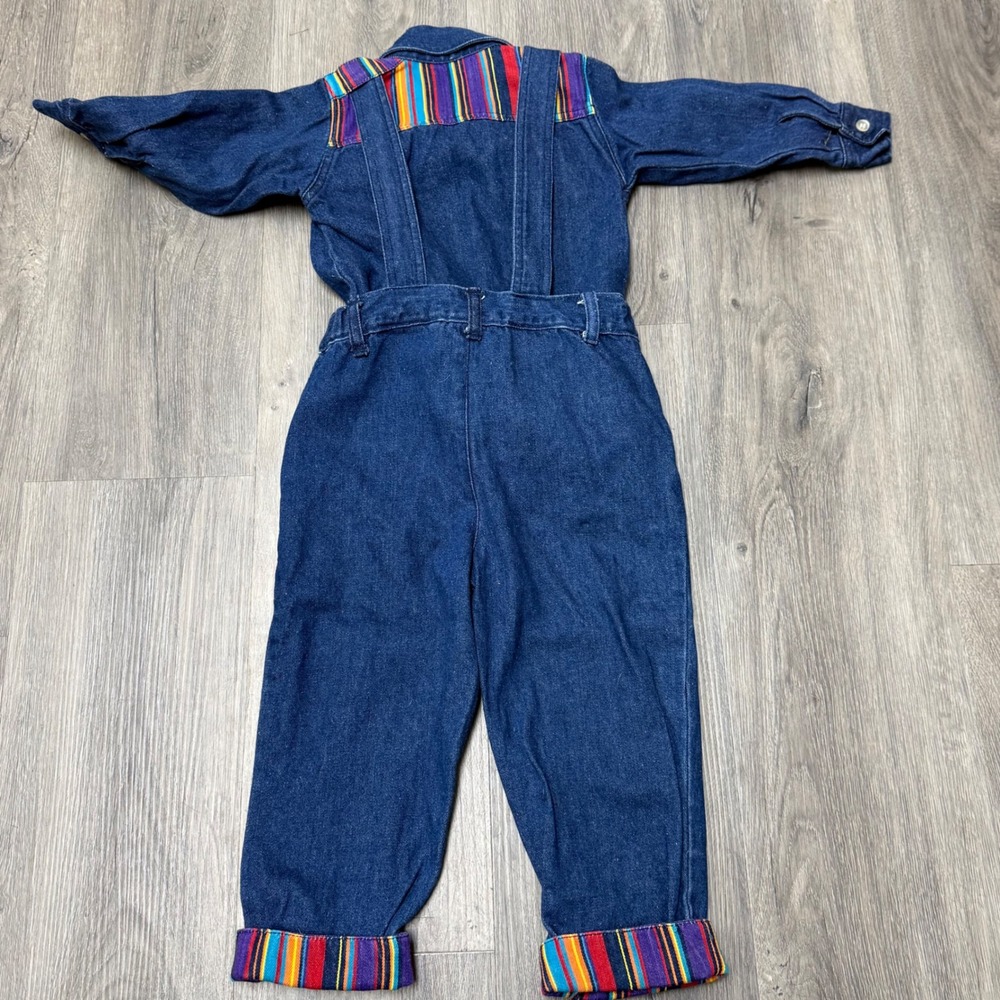 Vintage 90s Little By Little Toddler 2T Denim Set Rainbow Striped Suspenders Set - Picture 2 of 8